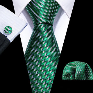 New Green  Striped Silk Men's Necktie Pocket Square Cufflinks Set