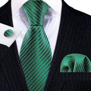 New Green  Striped Silk Men's Necktie Pocket Square Cufflinks Set