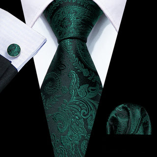 Emerald Green Floral Silk Necktie Pocket Square Cufflinks Set