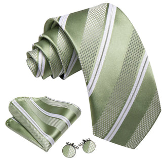 New Sage Green White Striped Silk Men's Necktie Pocket Square Cufflinks Set