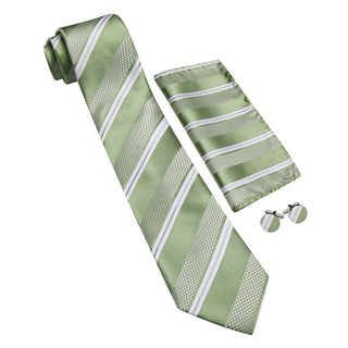 New Sage Green White Striped Silk Men's Necktie Pocket Square Cufflinks Set