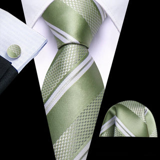 New Sage Green White Striped Silk Men's Necktie Pocket Square Cufflinks Set