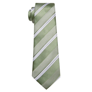 New Sage Green White Striped Silk Men's Necktie Pocket Square Cufflinks Set