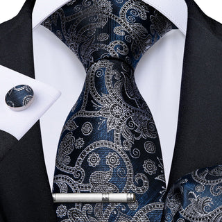 New Blue Floral Silk Necktie Pocket Square Cufflinks Set
