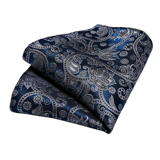 New Blue Floral Silk Necktie Pocket Square Cufflinks Set