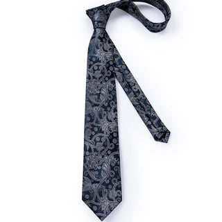 New Blue Floral Silk Necktie Pocket Square Cufflinks Set
