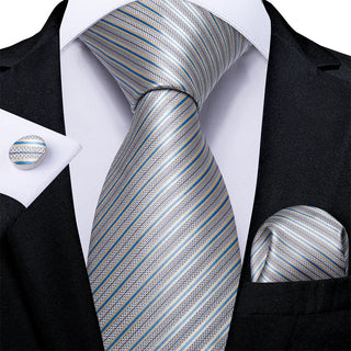 Blue Grey Striped Silk Necktie Pocket Square Cufflinks Set