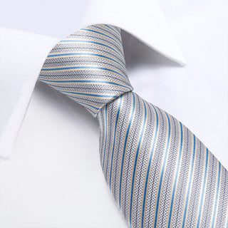 Blue Grey Striped Silk Necktie Pocket Square Cufflinks Set