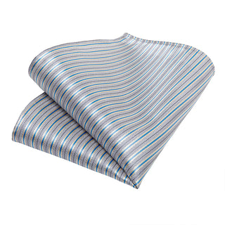 Blue Grey Striped Silk Necktie Pocket Square Cufflinks Set