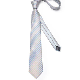 Blue Grey Striped Silk Necktie Pocket Square Cufflinks Set