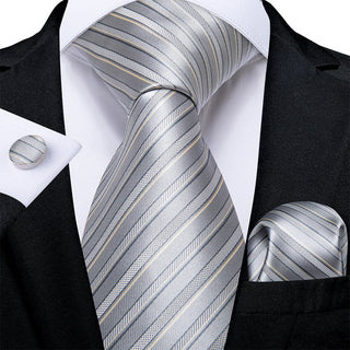 Yellow Grey Striped Silk Necktie Pocket Square Cufflinks Set