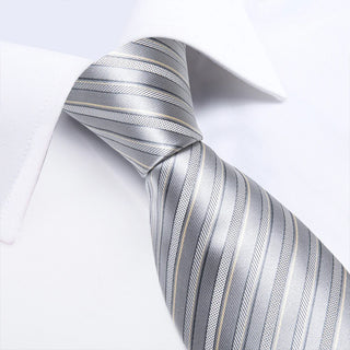 Yellow Grey Striped Silk Necktie Pocket Square Cufflinks Set