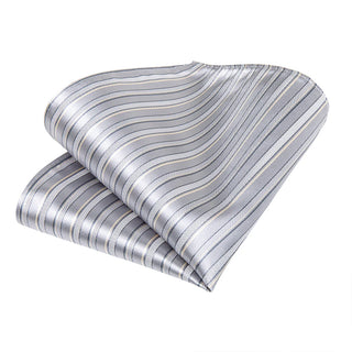 Yellow Grey Striped Silk Necktie Pocket Square Cufflinks Set