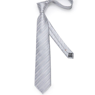 Yellow Grey Striped Silk Necktie Pocket Square Cufflinks Set