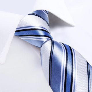 White Blue Striped Silk Necktie Pocket Square Cufflinks Set