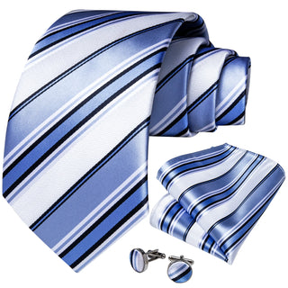White Blue Striped Silk Necktie Pocket Square Cufflinks Set