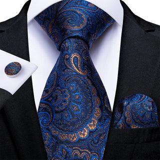 Blue Brown Paisley Silk Necktie Pocket Square Cufflinks Set