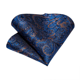 Blue Brown Paisley Silk Necktie Pocket Square Cufflinks Set