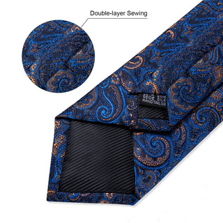 Blue Brown Paisley Silk Necktie Pocket Square Cufflinks Set