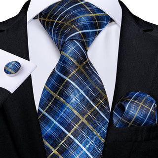 Blue Black Yellow Plaid Silk Necktie Pocket Square Cufflinks Set