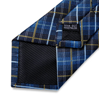 Blue Black Yellow Plaid Silk Necktie Pocket Square Cufflinks Set
