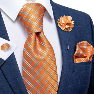 New Orange Plaid Silk Necktie Pocket Square Cufflinks Set