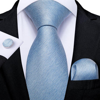 Pale Solid Blue Silk Necktie Pocket Square Cufflinks Set