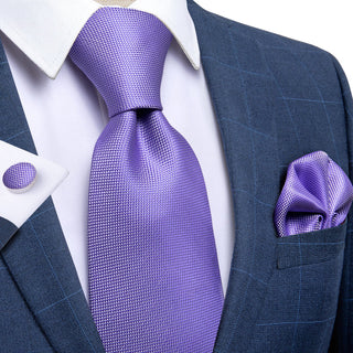 Solid Purple Silk Necktie Pocket Square Cufflinks Set