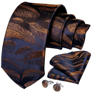 Blue Brown Feather Novelty Silk Necktie Pocket Square Cufflinks Set