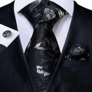 Black Grey Leaf Floral Silk Necktie Pocket Square Cufflinks Set