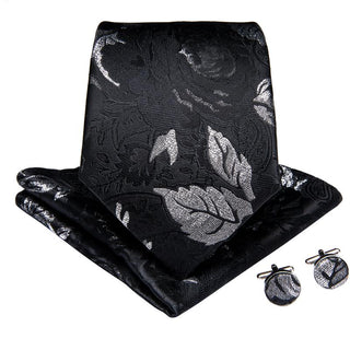 Black Grey Leaf Floral Silk Necktie Pocket Square Cufflinks Set