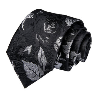 Black Grey Leaf Floral Silk Necktie Pocket Square Cufflinks Set