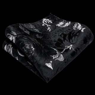 Black Grey Leaf Floral Silk Necktie Pocket Square Cufflinks Set