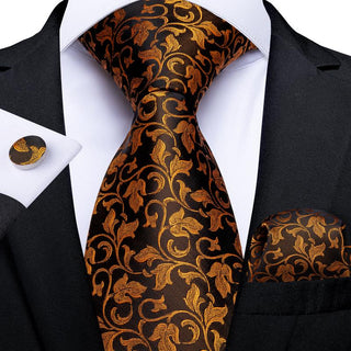 Gold Black Floral Silk Necktie Pocket Square Cufflinks Set