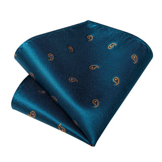 Navy Blue Yellow Paisley Silk Necktie Pocket Square Cufflinks Set