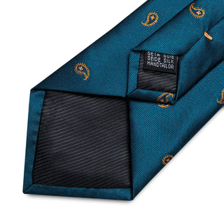 Navy Blue Yellow Paisley Silk Necktie Pocket Square Cufflinks Set