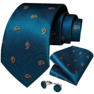 Navy Blue Yellow Paisley Silk Necktie Pocket Square Cufflinks Set