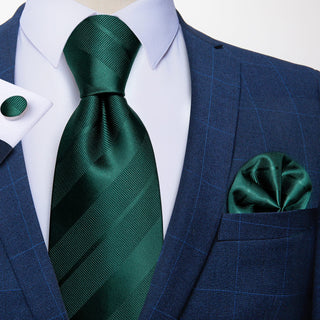 Solid Green Striped Silk Necktie Pocket Square Cufflinks Set