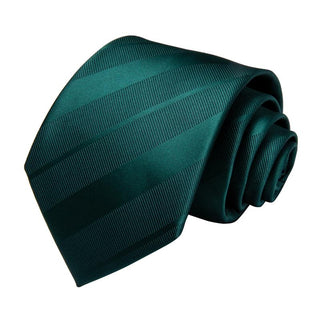 Solid Green Striped Silk Necktie Pocket Square Cufflinks Set