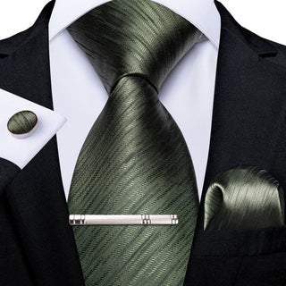 Dark Green Striped Silk Men's Necktie Pocket Square Cufflinks Set