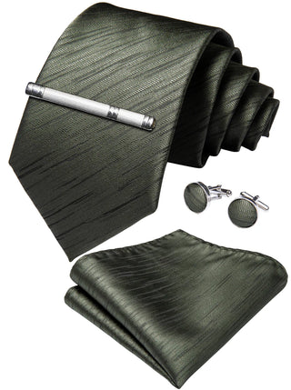 Dark Green Striped Silk Men's Necktie Pocket Square Cufflinks Set