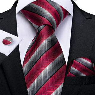 Red Grey Stripe Silk Necktie Pocket Square Cufflinks Set