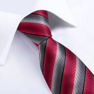 Red Grey Stripe Silk Necktie Pocket Square Cufflinks Set