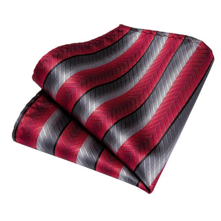 Red Grey Stripe Silk Necktie Pocket Square Cufflinks Set