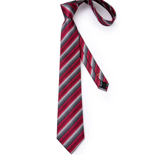 Red Grey Stripe Silk Necktie Pocket Square Cufflinks Set