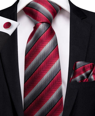 Red Grey Stripe Silk Necktie Pocket Square Cufflinks Set