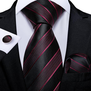 New Red Black Stripe Silk Necktie Pocket Square Cufflinks Set