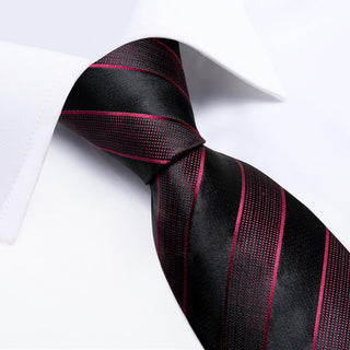 New Red Black Stripe Silk Necktie Pocket Square Cufflinks Set