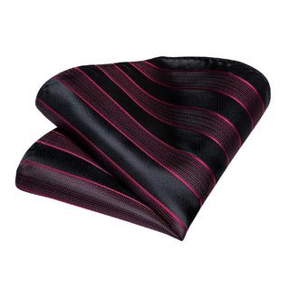 New Red Black Stripe Silk Necktie Pocket Square Cufflinks Set