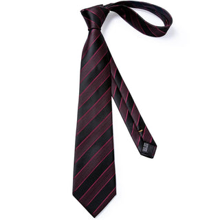 New Red Black Stripe Silk Necktie Pocket Square Cufflinks Set